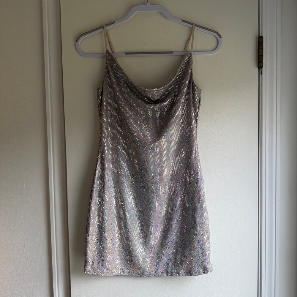 Thirty Thirty LA Holographic Metallic Mini Dress Silver Cowl Neck Medium